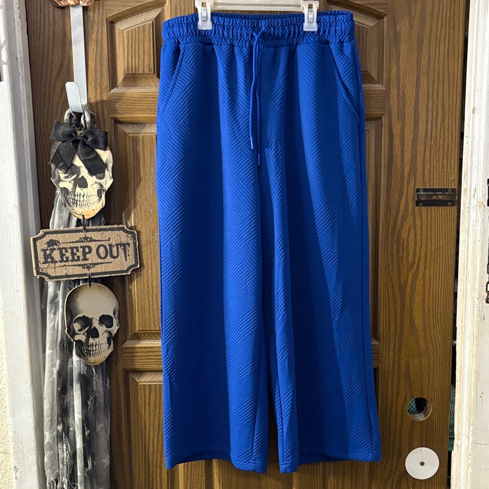 Royal Blue CrissCross Textured Wide Leg Pants - Picture 3 of 9